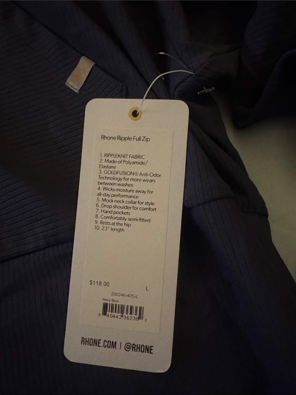 RHONE Navy Ripone Ripple Full Zip Jacket
